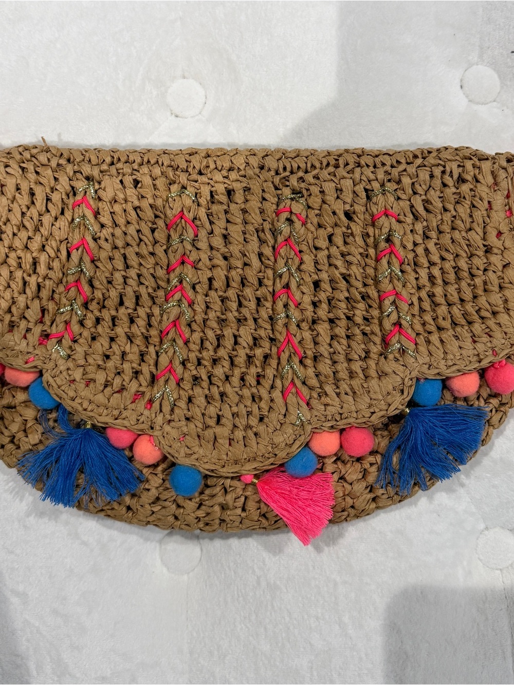 Lilly Pulitzer Tan Raffia Clutch with Blue and Pink Pom Tassels
